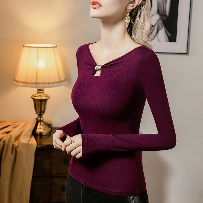 BOWEYLUN, осенняя новая футболка с v-образным вырезом и длинными рукавами, женская ретро-футболка с металлическими украшениями, однотонная нижняя рубашка, блузка, женская
