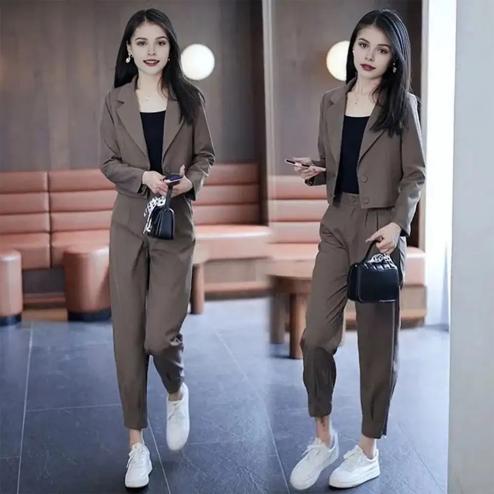 Women Coat Pants Set Stylish Women's Formal Commute Outfit Lapel Double Buttons Cardigan Jacket with High Waist Solid Color