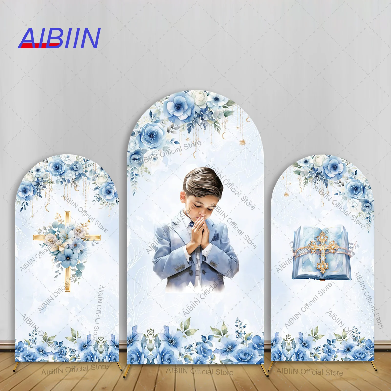 Garçon mon baptême arc toile de fond couverture Bible croix bleu feuilles florales enfants première sainte Communion fête décor dieu bénisse fond