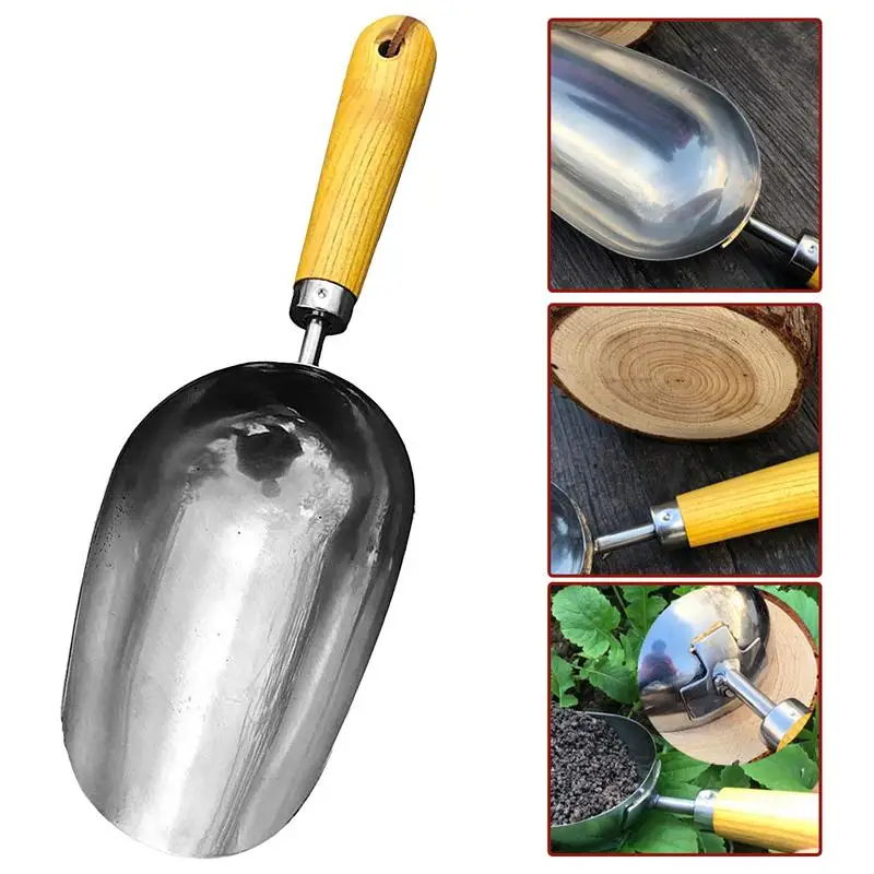 Potting Soil Scoop Stainless Steel Dog Food Scoop With Ergonomic Wooden Handle Multi-purpose Garden Shovels For Transplanting