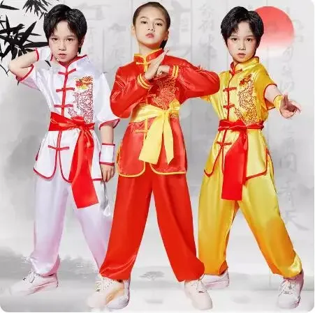 ملابس أداء على الطراز الصيني للأطفال ، ملابس تدريب ووشو ، ملابس تدريب الكونغ فو ، أولاد وبنات ، أزياء أداء تاجي