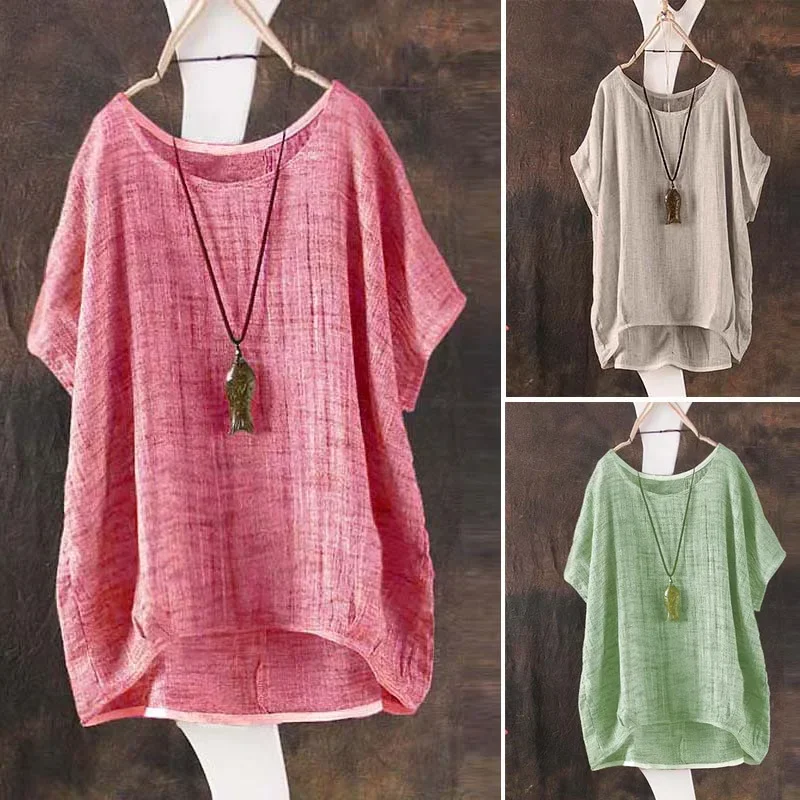 2024 Summer Women Solid Loose Blouse Plain O-Neck Tops Ladies Casual Shirt Blusas Asymmetrical Short Batwing Sleeve Feminina