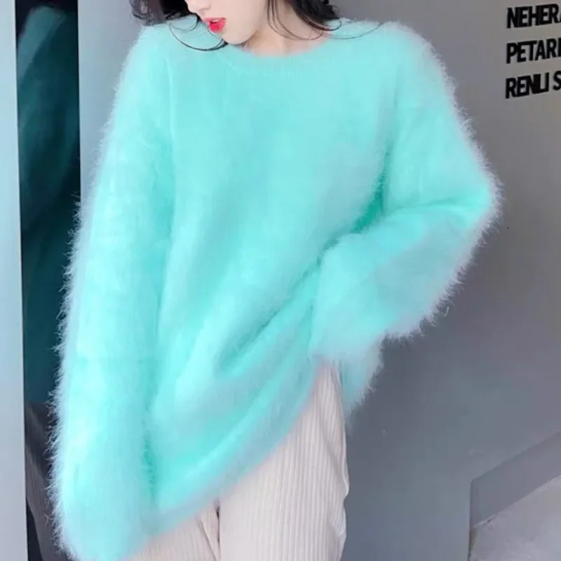 

New High Quality Women Soft Mohair Knitted Sweater Autumn Winter Long Sleeve Mink Cashmere Thick Warm Loose Jumper Pullover E255