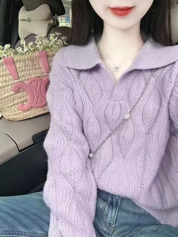 Sweter ungu dopamin Chic baru dengan gaya malas dan High-end terasa usang dengan atasan Sweater rajut untuk pakaian luar