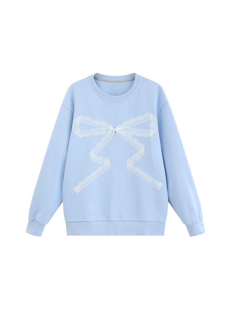 Felpa girocollo dolce allentata casual con fiocco in pizzo Pullover autunnale manica lunga oversize stile pigro Top unico e carino da donna
