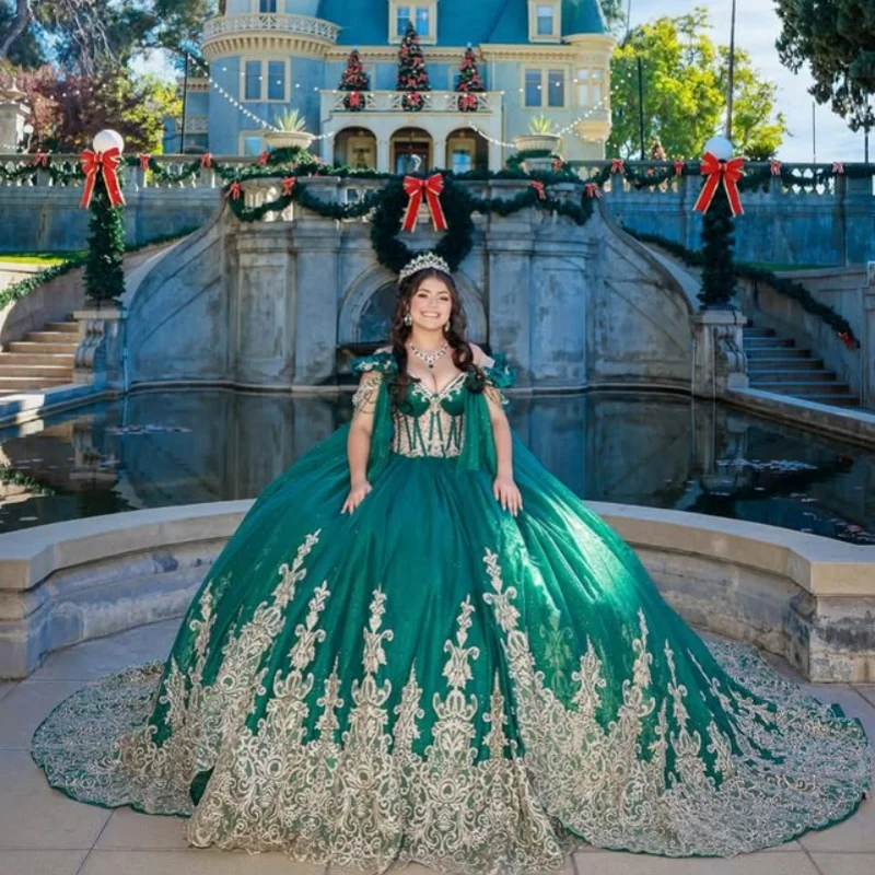 

Dark Green Quinceanera Dresses Off the Shoulder Glitter Crystal Decal Long tail Big Bow Vestido 15 Quinceanera Customized