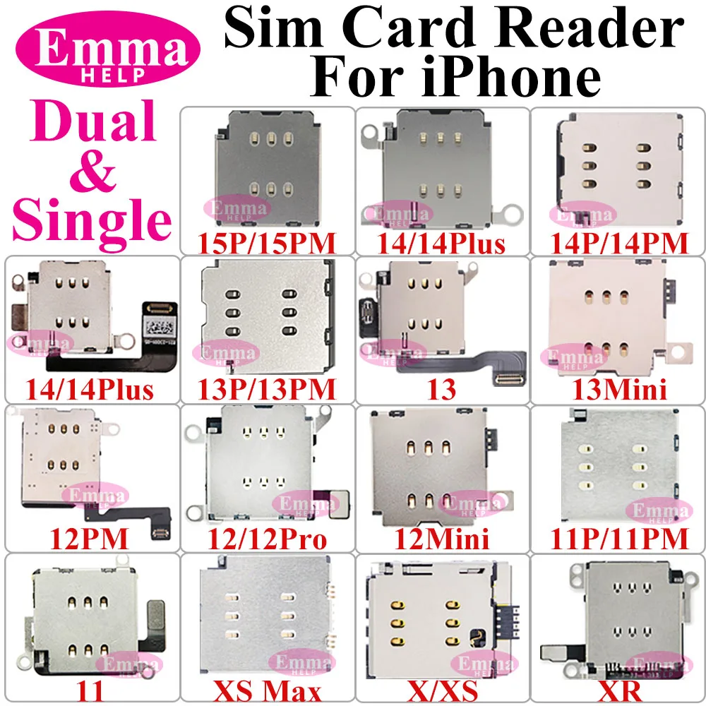 EmmaHelp Dual Sim Card Reader Connector Flex Cable For IPhone 11 12 13 15 Pro Max 14 Plus XR Single Tray Slot Holder Adapter