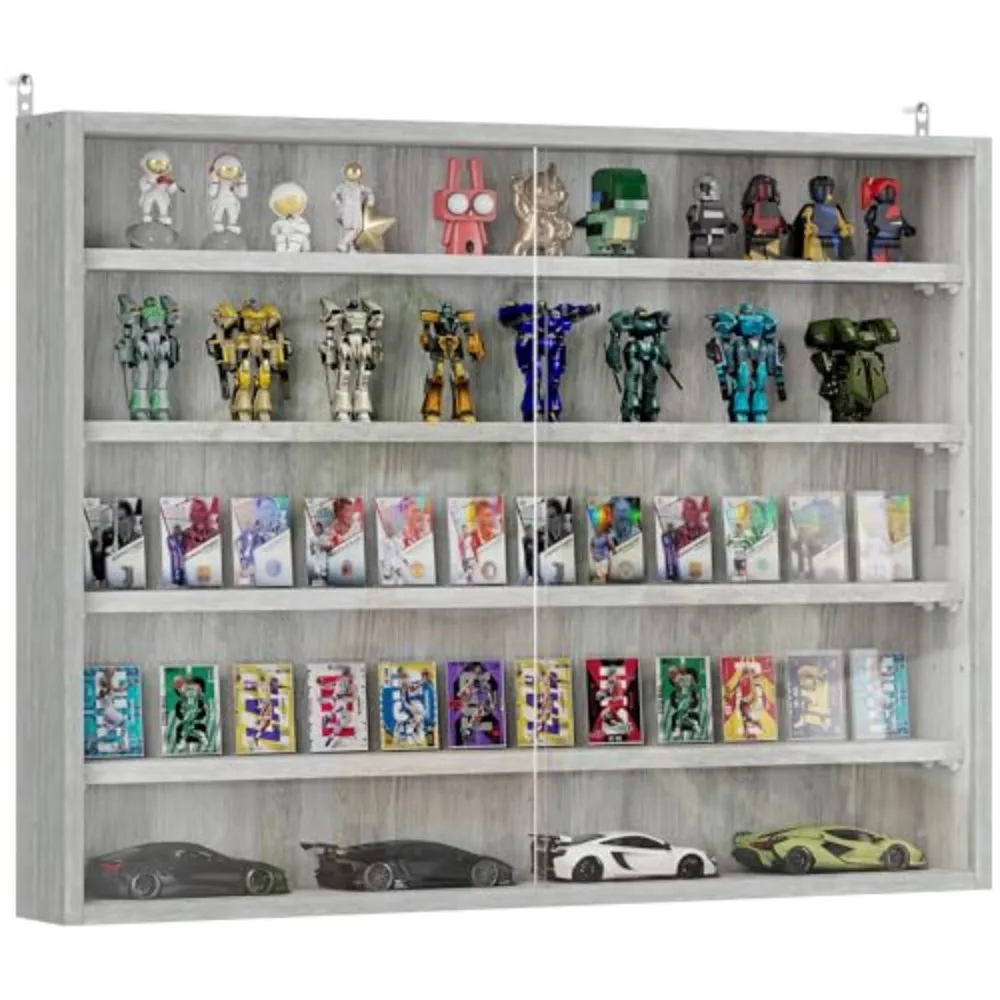 5-Tier Wall Mounted Display Cabinet Glass Doors 60x80cm Gray | Display Case, 4 Adjustable Shelves, for Home Office