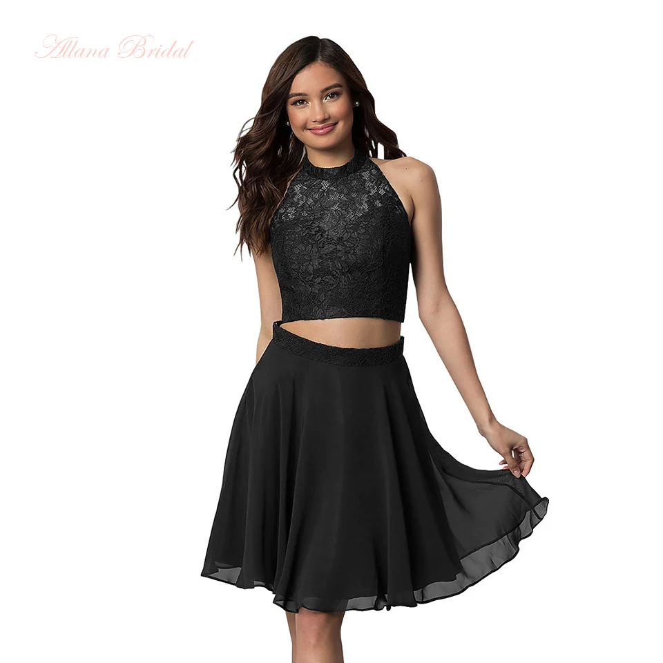 

Two Piece Black Short Homecoming Dresses 2023 Short Chiffon Prom Graduation Dresses with Lace Top for Teens Girls