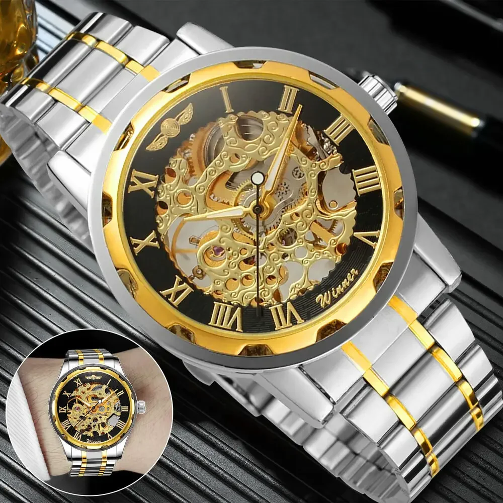 Men's Stainless Steel Strap Luxury Gold Tone Skeleton Hand Wind Mechanical Wrist Watch Roman Number Dial