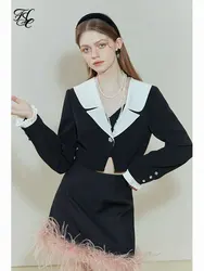 FSLE Lapel Collar Women Short Blazer Jackets Strappy Short Black Dress Cuff Patchwork Design Twill Solid Suit Spring New Sets