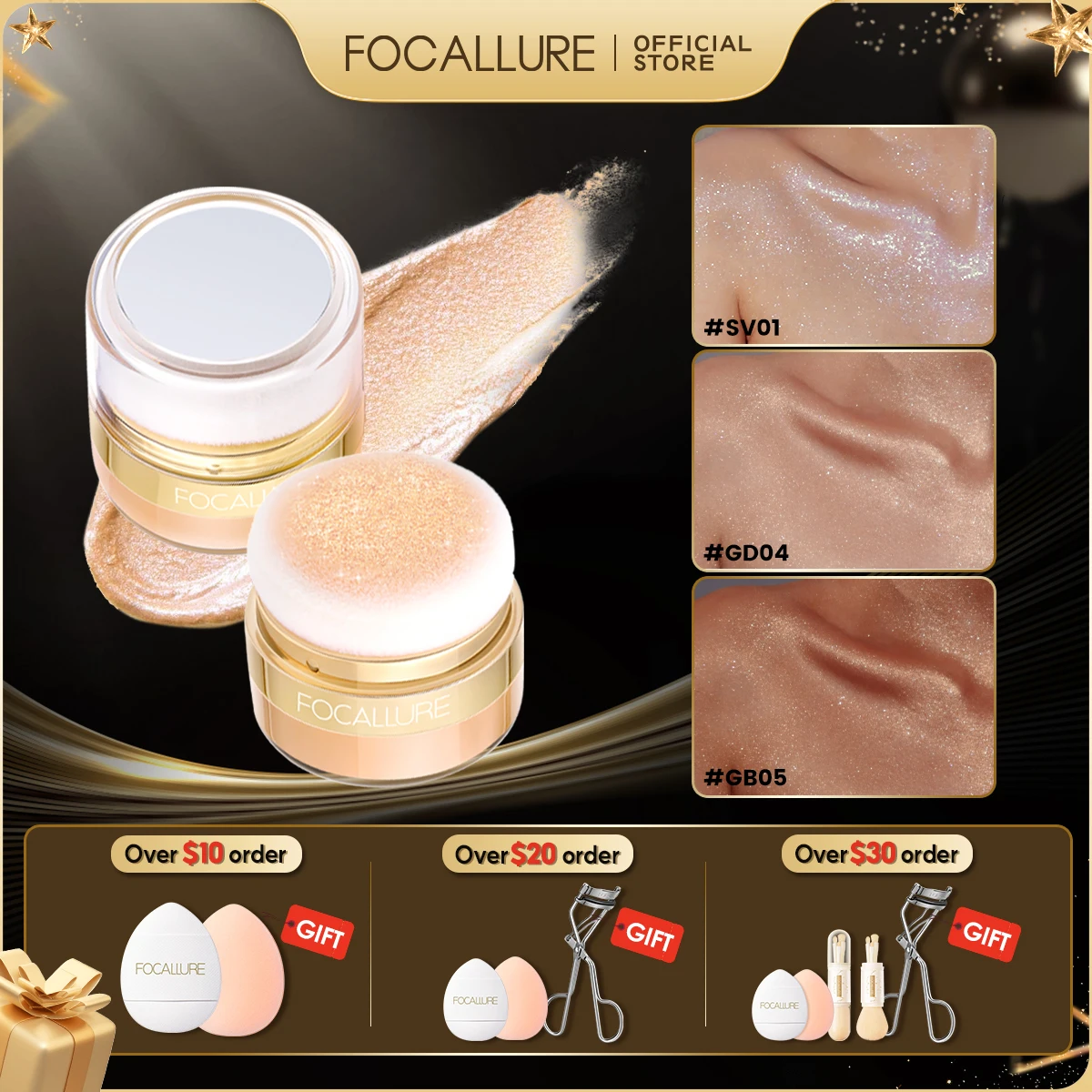 

FOCALLURE Glitter Bronzers Highlighter Powder Palette Makeup Shimmer Illuminator Face Contour Blusher Body Highlighter Cosmetics