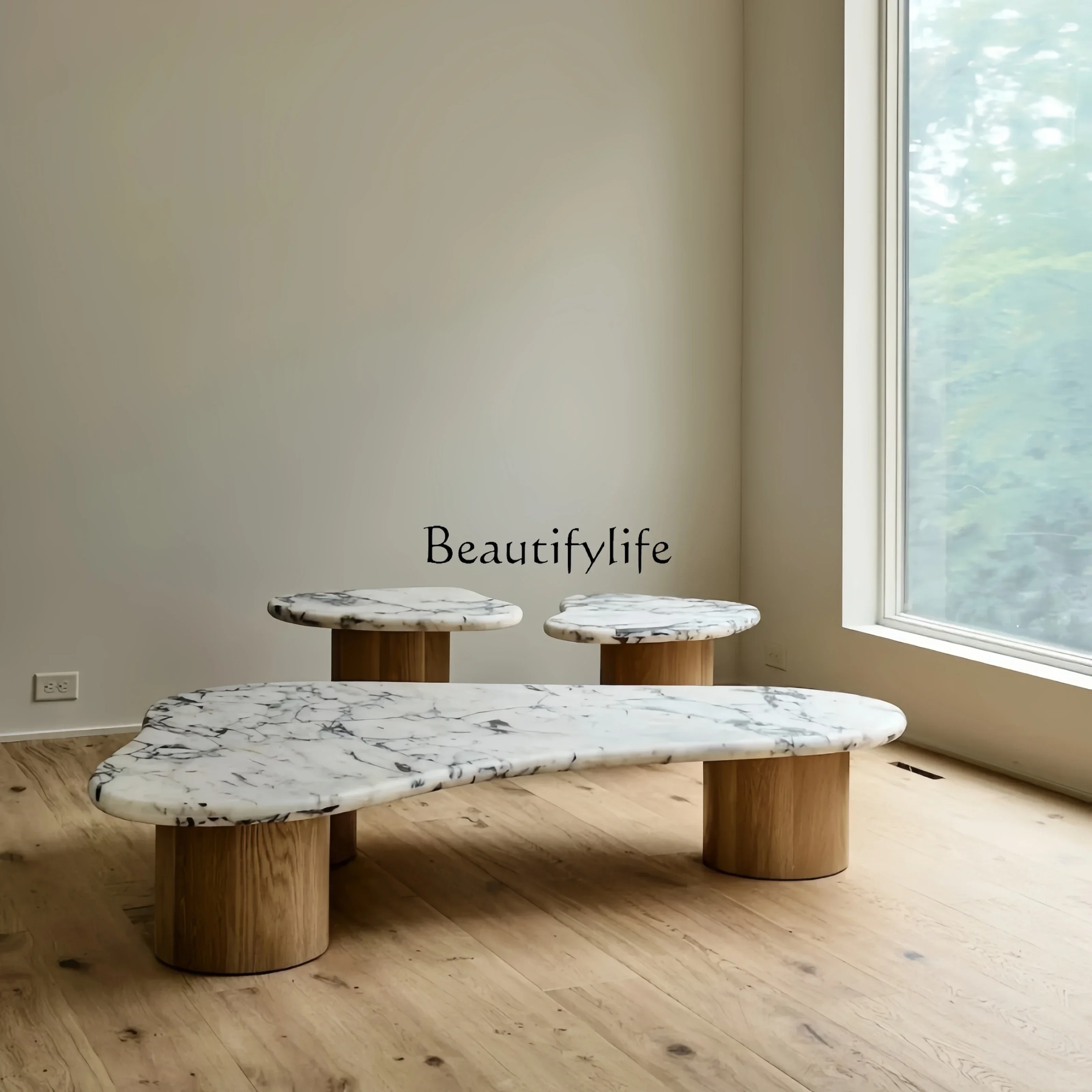 

3Vintage Style Natural Marble Coffee Table Retro Style Light Luxury
