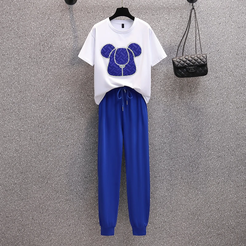 

Весенне-летние костюмы с бриллиантами, женские хлопковые футболки с короткими рукавами и повседневные брюки, комплекты верхней одежды, спортивные комплекты из двух предметов