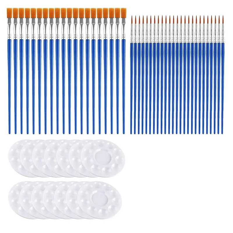 A36T-150Pcs Paint Brushes Palettes Set, Including 100Pcs Nylon Painting Brush And 50Pcs Round Plastic Paint Tray Palette