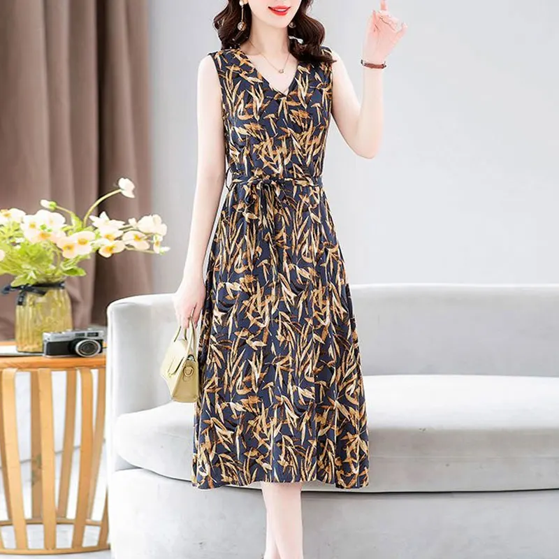 

Stylish Vintage Printed Sleeveless Sundress Summer A-Line Casual Sashes Female Clothing Elegant V-Neck Patchwork Midi Dress 2023