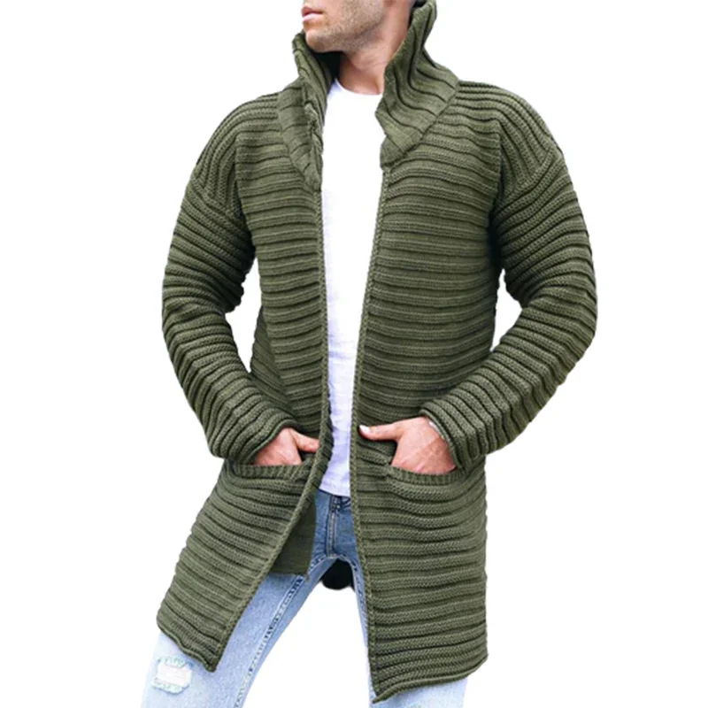 

Men Threaded Turtleneck Cardigan Sweater Autumn Winter Thickened Warm Casual Loose Knitted Jumpers Double Pocket Long Outerwear