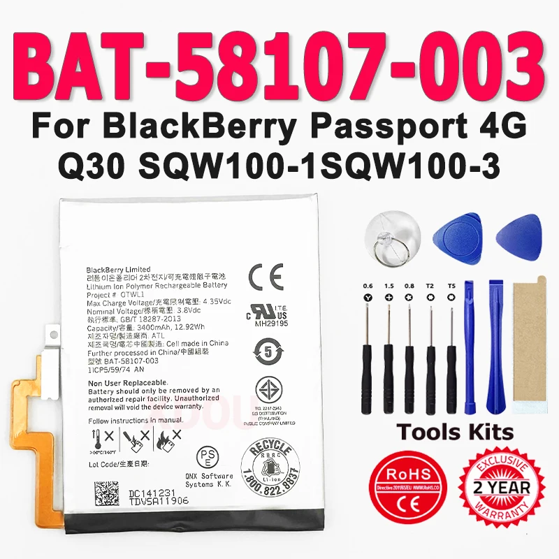 

3400mAh BAT-58107-003 High Quality Battery for BlackBerry Q30 Passport Passport 4G Q30,SQW100-1 SQW100-3 Windermere + Tools