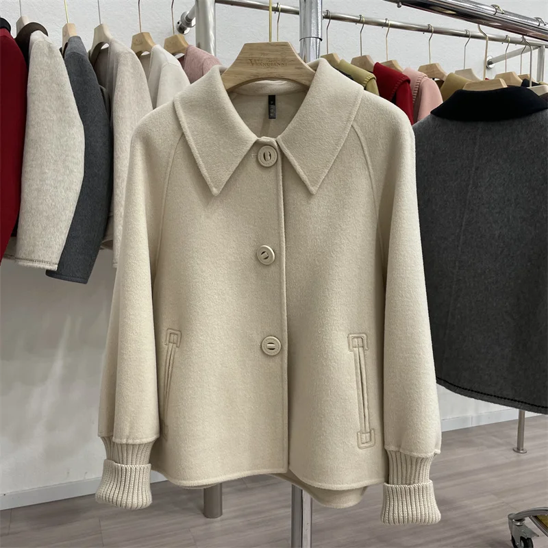 

RosEvans New High-end Double-sided Cashmere Coat Women Short Fashion Lapel Single Breasted Wool Coat Loose Tide Autumn Winter