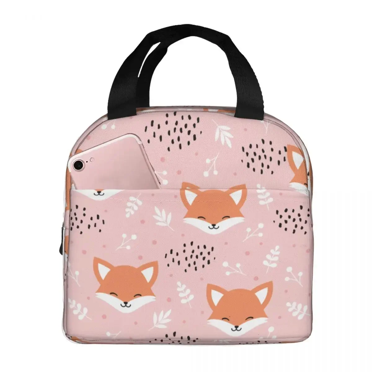 Fox Flower Floral Lunch Bags Portable Insulated Canvas Cooler Bag Thermal Picnic Lunch Box for Women Kids