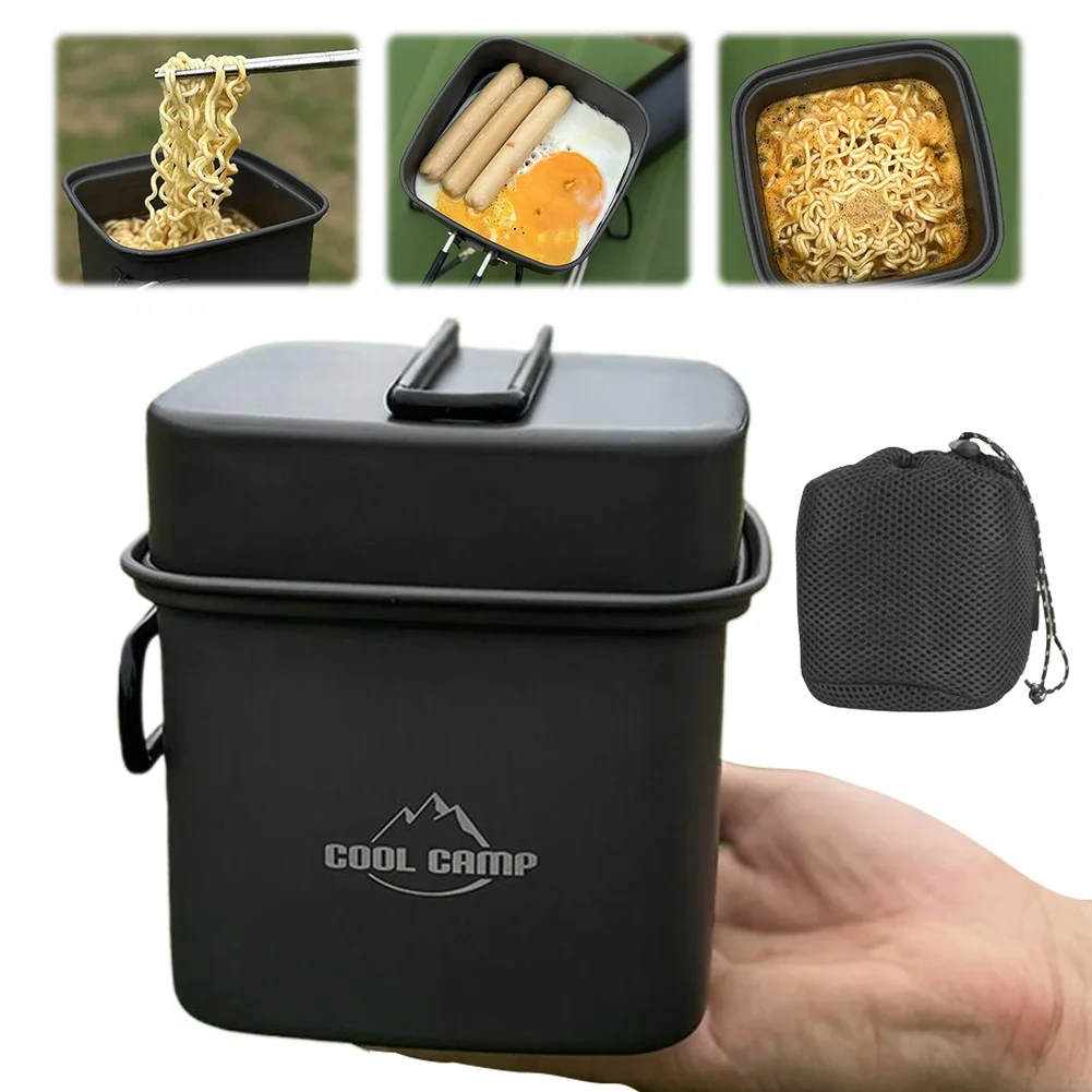 2 in 1 Folding Aluminum Alloy Camping Cookware Set, Square Frying Pan & Pot for BBQ Fishing Hiking Riding