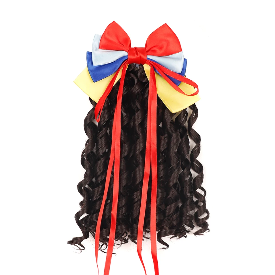 

Children's Hair Ponytail Clip with Bow Synthetic Black Princess Curly Wig Hairpieces For Kids Evening Party Head Wear Accessorie