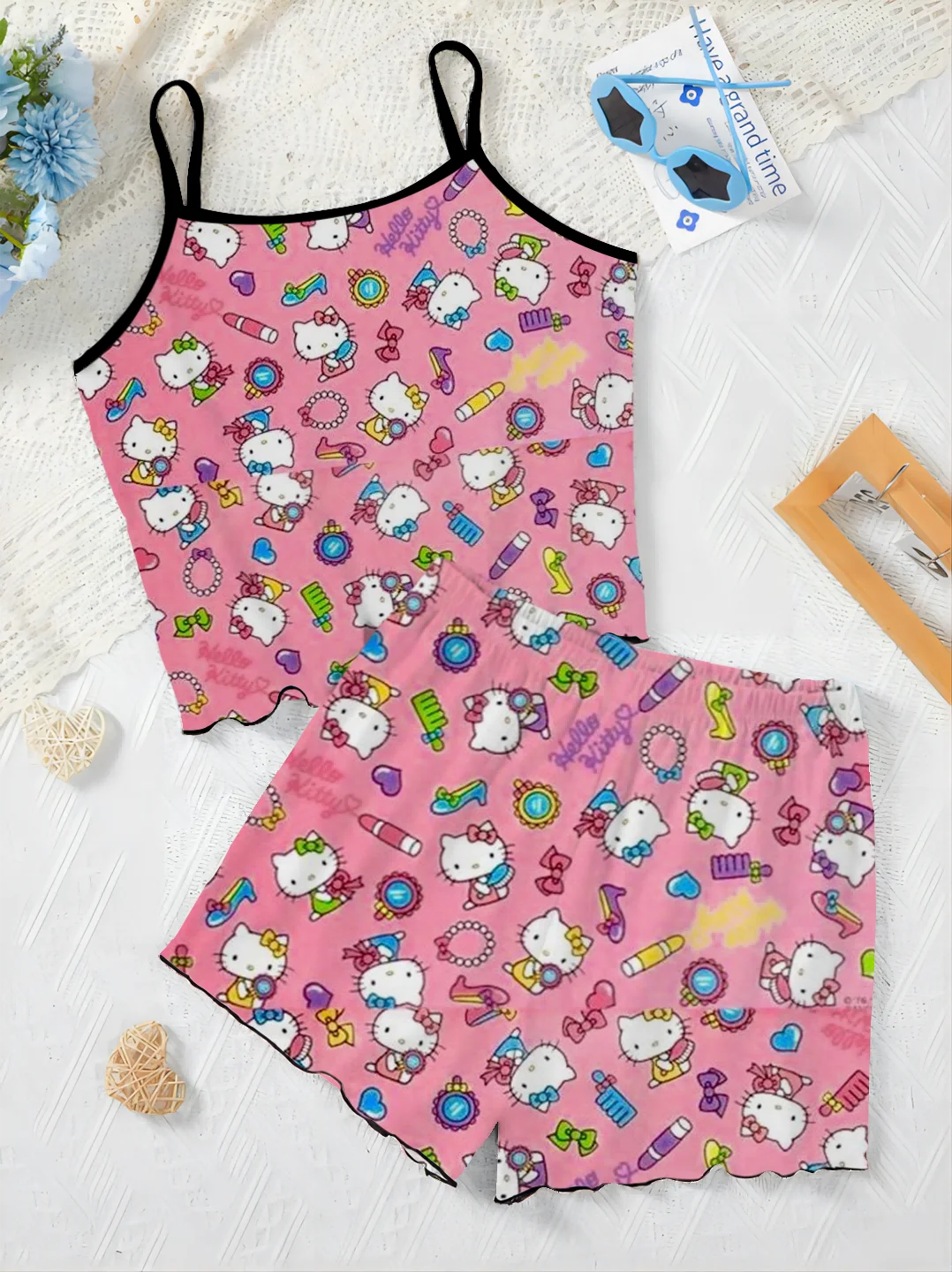 Pants Sets for Women 2 Pieces Home Dress Pajama Skirt Disney Summer Outfit Women's Suit Lettuce Trim Hello Kitty Top Short Top