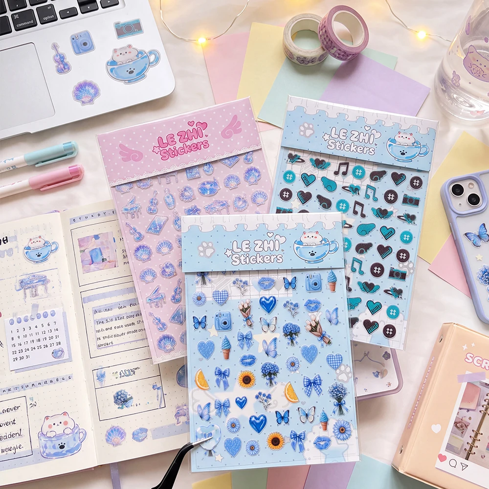 LEZHI Kawaii Blue Tone Decorative Stickers Holographic Design for Journaling Scrapbook Album DIY Paper Decor Projects Sweet Gift