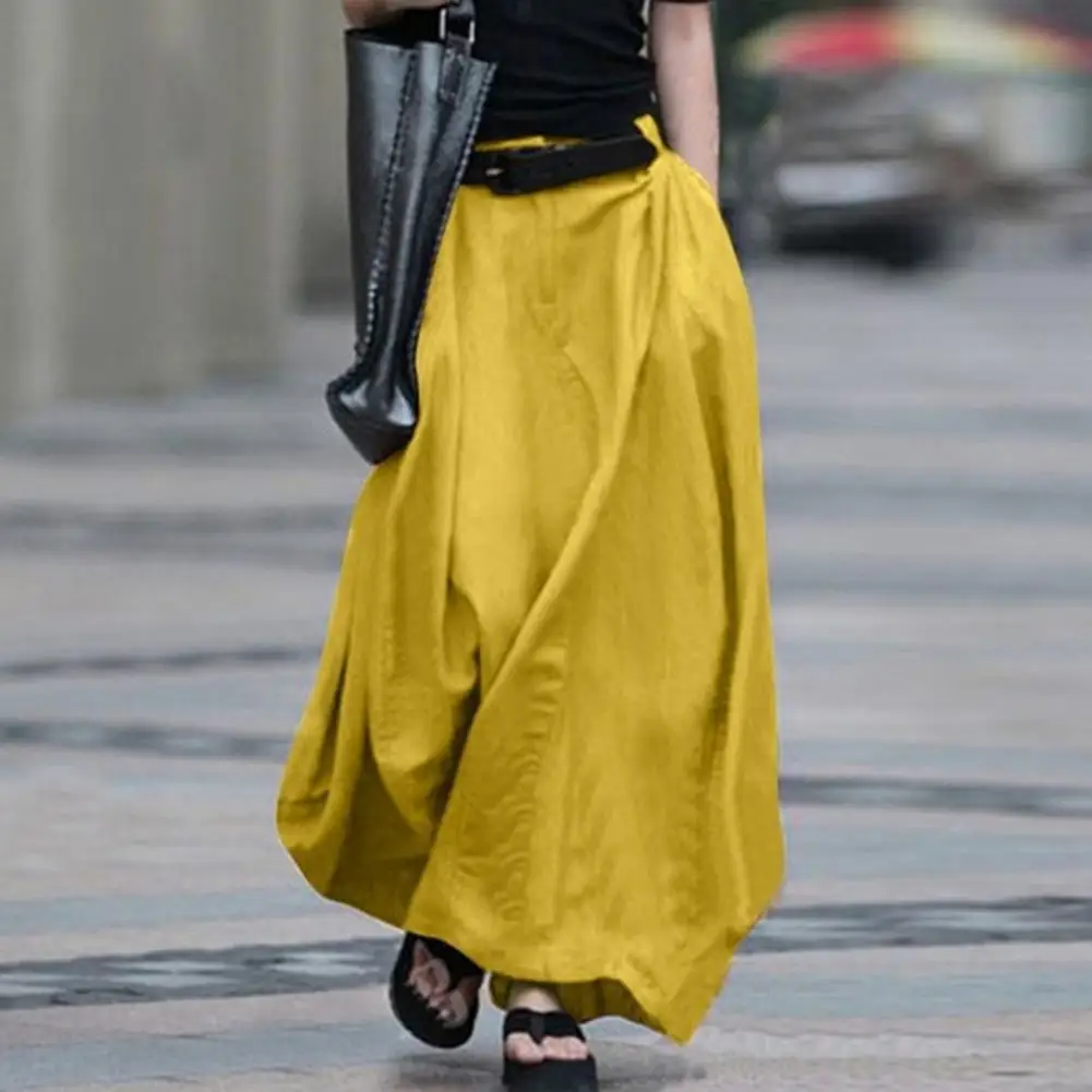 

Versatile Long Skirt Elegant A-line Maxi Skirt Stylish Elastic High Waist Button Zipper Fly Solid Color Hem for Wear Women Maxi