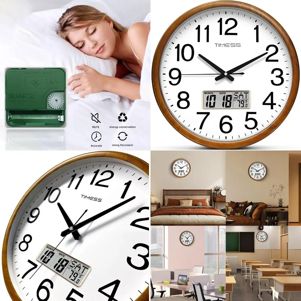 

16 Classic Wooden Wall Clock, Silent Battery-Powered, Analog with Calendar and Temperature, Home/Office Decor