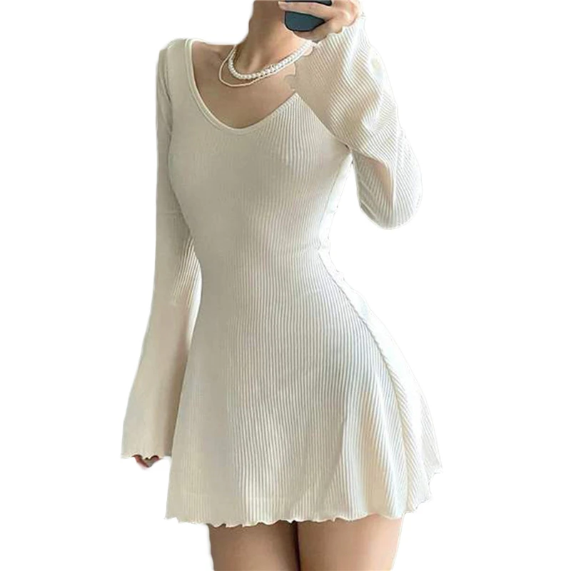 Women Dresses 2024 New Mini Dresses Fashion Solid Color Simple V-Neck Ribbed Long Sleeve Slim Evening Party Dresses Sexy Dress