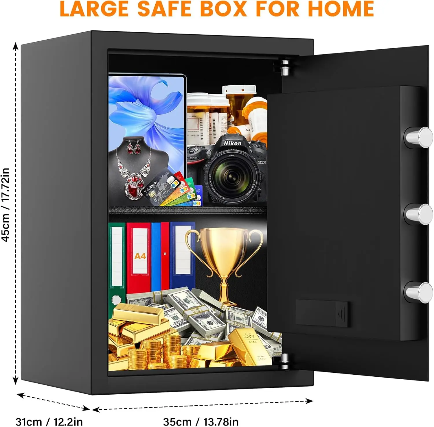 3.0 Cub Brankas Rumah Besar Tahan Api Tahan Air, Kotak Aman Atap Tembak Digital dengan Tas Tahan Api, Kunci Kombinasi dan Sistem Alarm