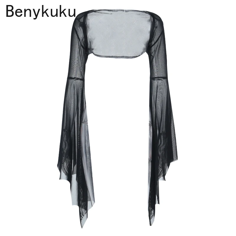 

Готический сетчатый халат на Хэллоуин, женский винтажный уличный костюм с открытой строчкой ведьмы, прозрачный укороченный топ с рукавами «летучая мышь», болеро, сексуальная одежда