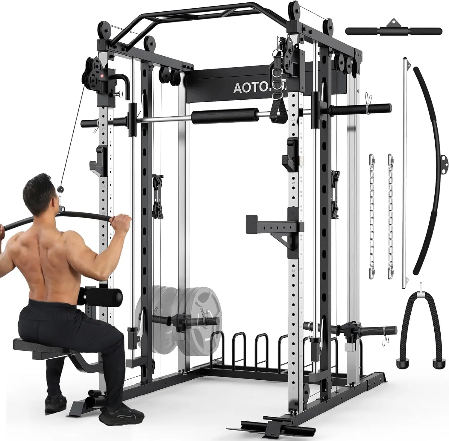 

Strength Training Squat Rack with Smith Bar, Power Cage with LAT Pull-Down Systems, Cable Crossover Machine for Home Gym and Mor