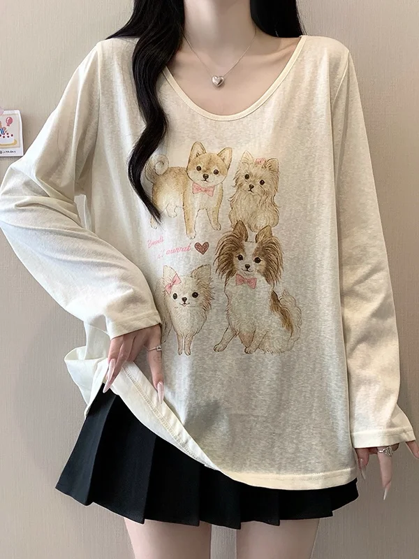 

Женская футболка больших размеров в стиле кэжуал с круглым вырезом и длинным рукавом, летняя новинка, свободного кроя, с мультяшным принтом собаки, корейская версия, для повседневной носки