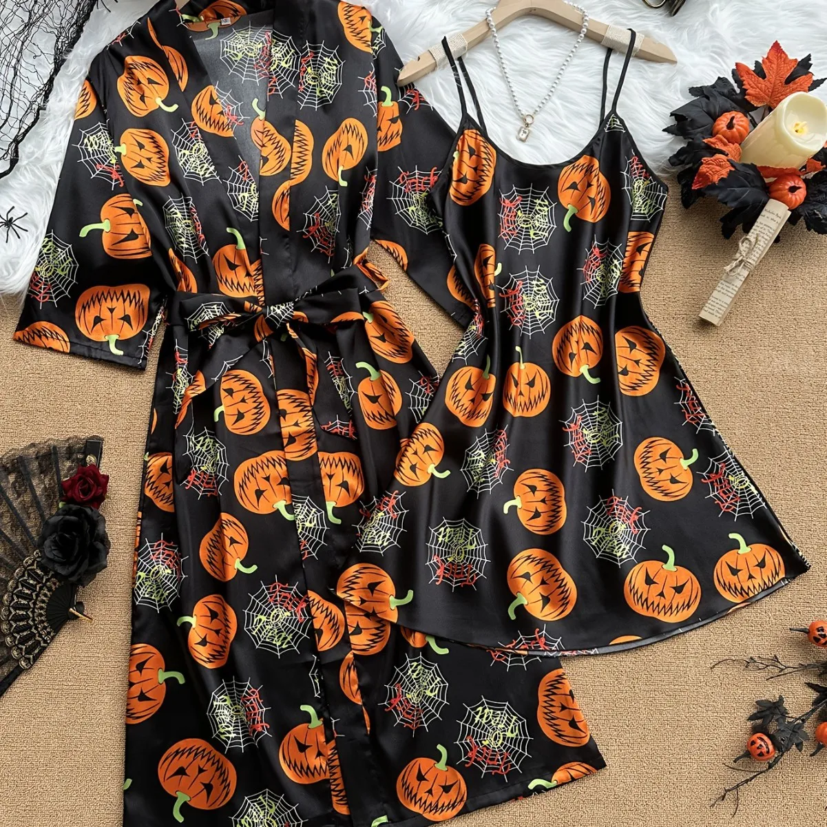 

Sexy and Sexy Bathroom Tie Up Bathrobe, Summer Breathable Thin Design, Fashionable Pumpkin Print Long Sleeved Nightgown
