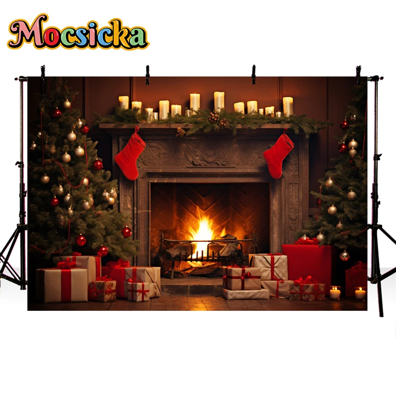 Mocsicka Kerst Open haard Fotografie Achtergrond Kerstboom Cadeau Decoratie Kinderen Verjaardag Portret Achtergrond Fotostudio Props