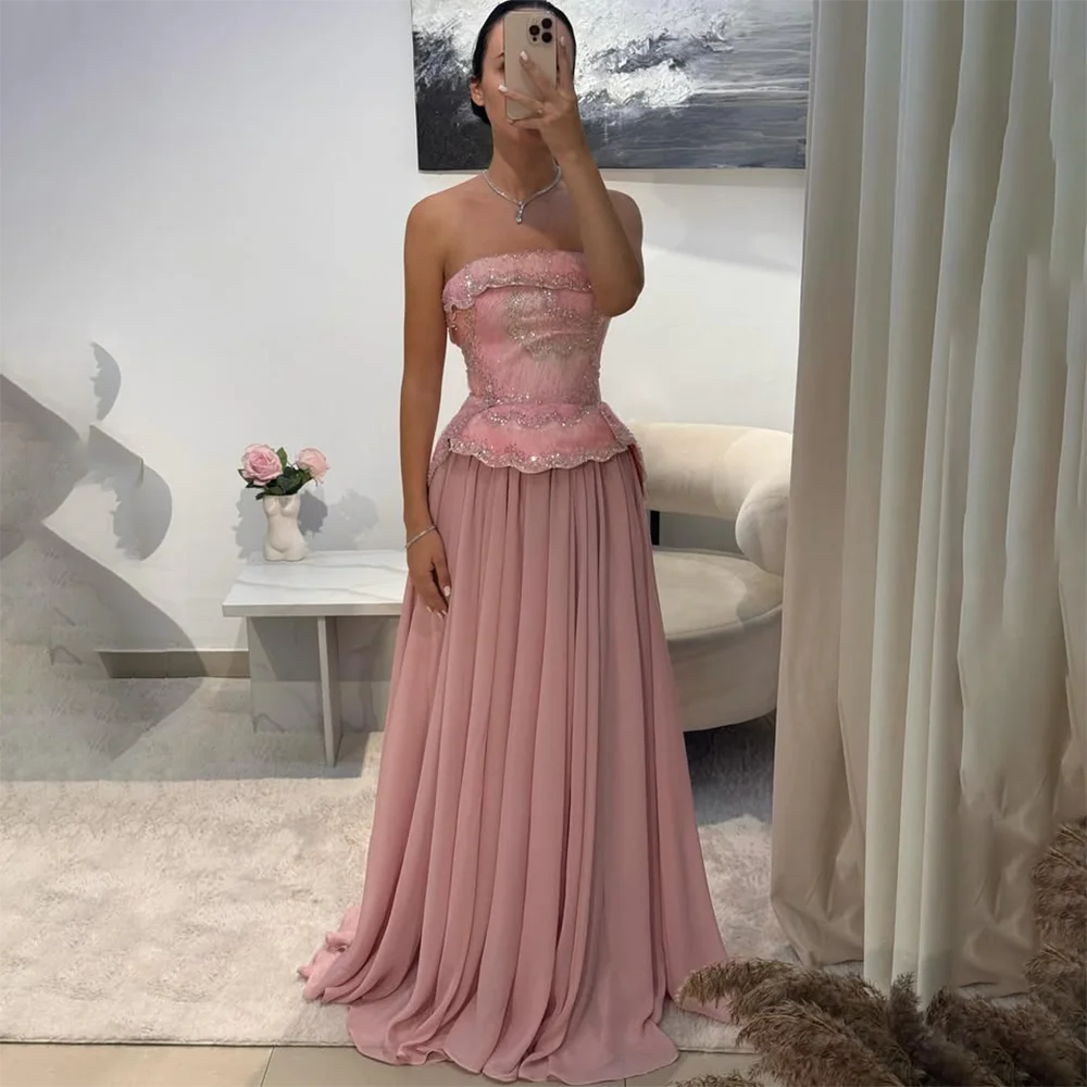 

Fashion Evening Dress Chiffon Sequin Stapless Saudi Arabian Evening Gowns A Line Elegant Woman's Formal Dress Customized