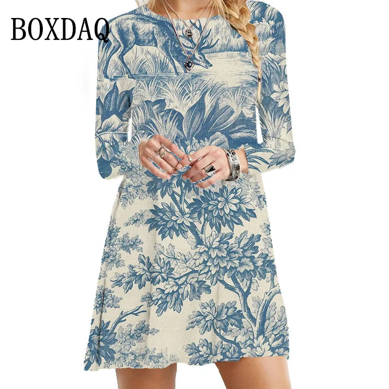 2023 Vintage Women Dresses Long Sleeve Painting Flower Printing Dress Autumn Winter Female Oversized Casual Street Loose Dress