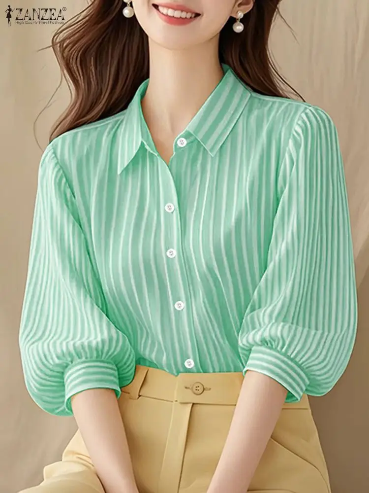 Elegante Vrouwen OL Werk Blouse 2025 ZANZEA Herfst Kantoor Gestreept Shirt Mode Revers Hals 3/4 Mouw Knoppen Tops Vrouwelijke Tuniek