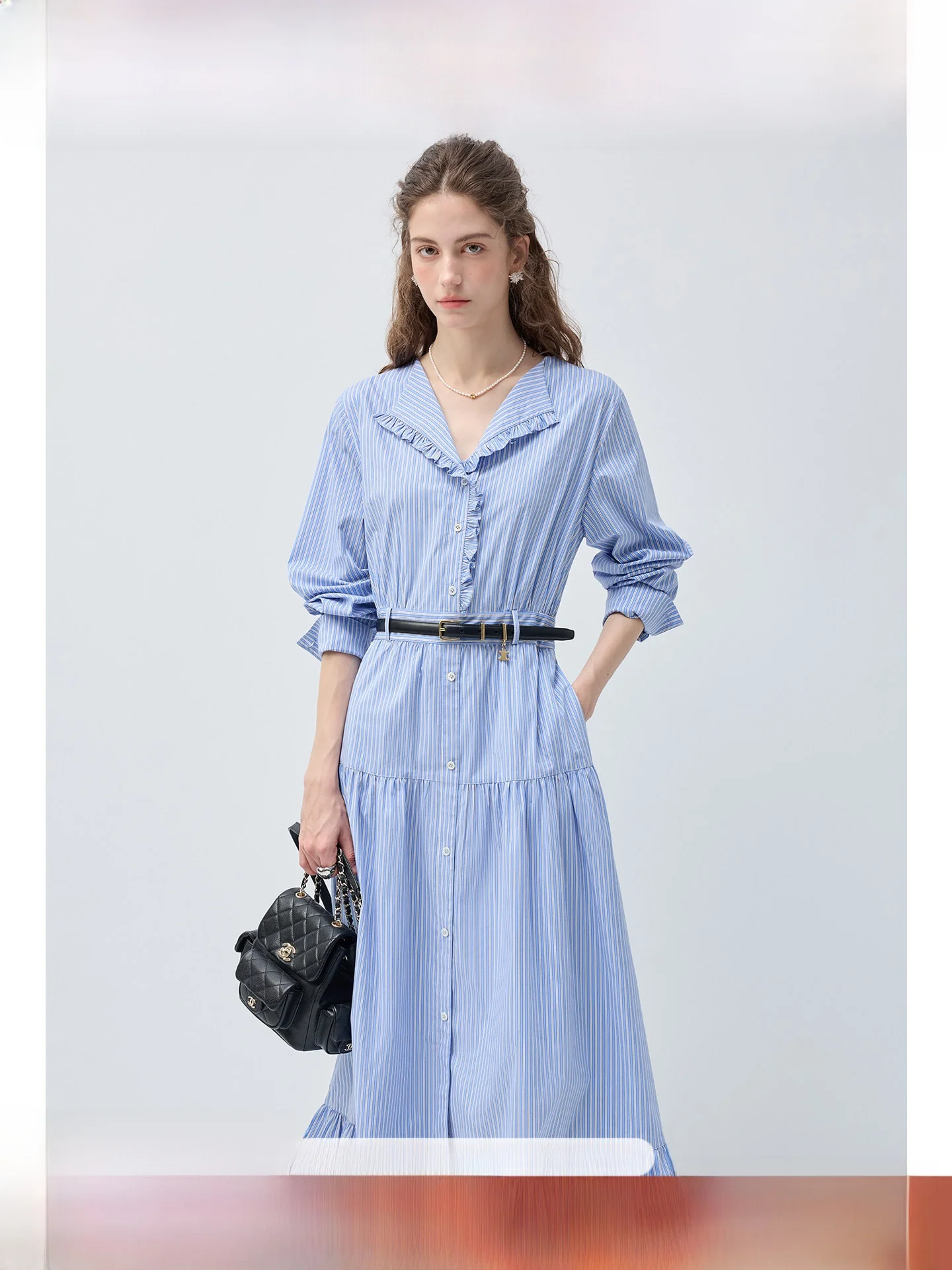 

plus Size Striped irt Dr High Waist for Plump Women Spring New Sle V-Ne Long Sve A-Line Gown French Sle Dr