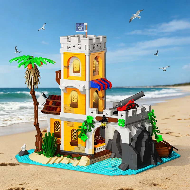 Lighthouse Empire Outpost Castle Building Blocks LED Sea Street View Pirate Fort Model STEM DIY Assembly Bricks Toy Children