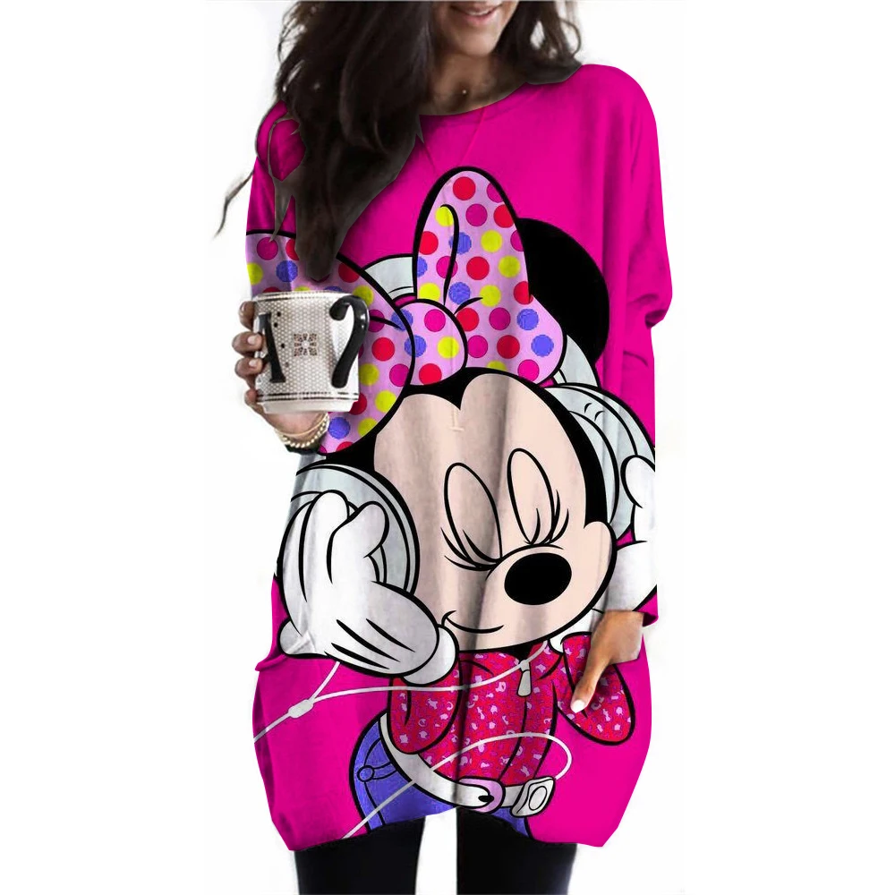 Women\'s Spring and Autumn New S-3XL Large T-shirt Solid Color Long Sleeve Loose Disney\'s Mickey Mouse Casual Harajuku Waist T-sh