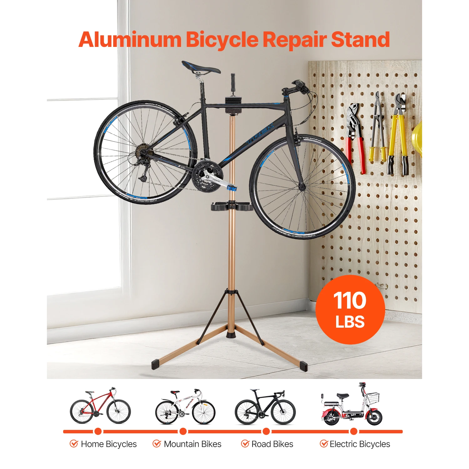 Bike Repair Stand, Max.110 lb Heavy-duty Bicycle Work Stand with 40.3-59.4 in Adjustable Height & Large Tool Tray, Foldable Ebike Maintenance Rack, Shop Home Mechanics for Mountain Road Bike