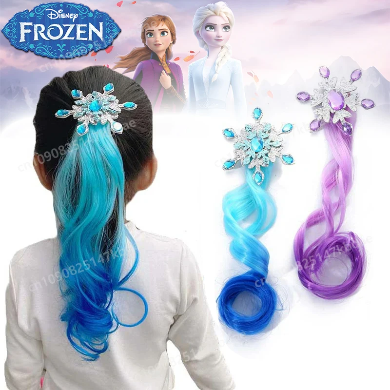 Disney Frozen Elsa Wig Braid Hair Clip Cartoon Figure Princess Blue Purple Girl Snowflake Performance Accessories Headdress Gift