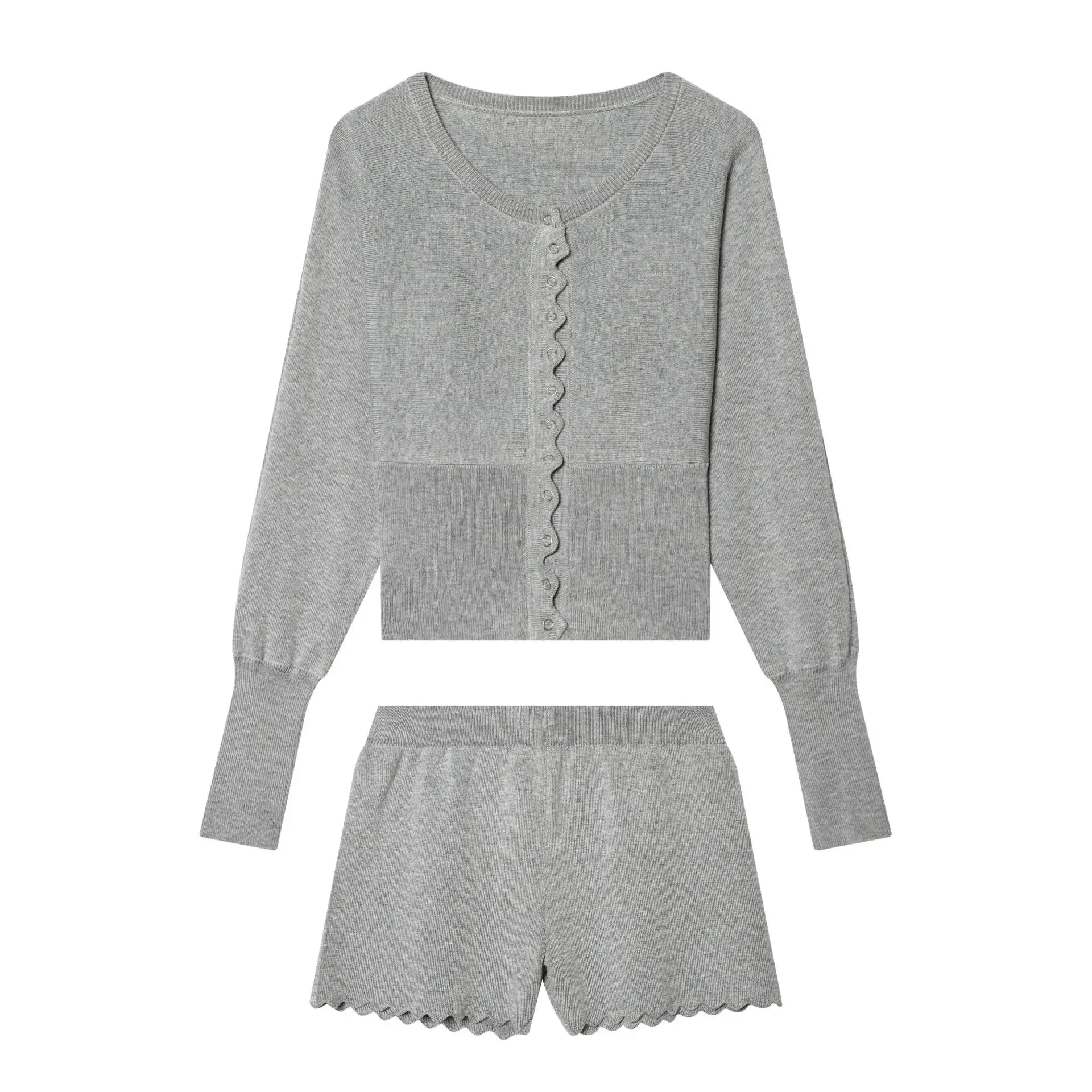 Fashionable Grey Knitted Set Women's Cross-Border Clothing Buttoned Ensemble Casual All-Match Organic Cotton Pure Color