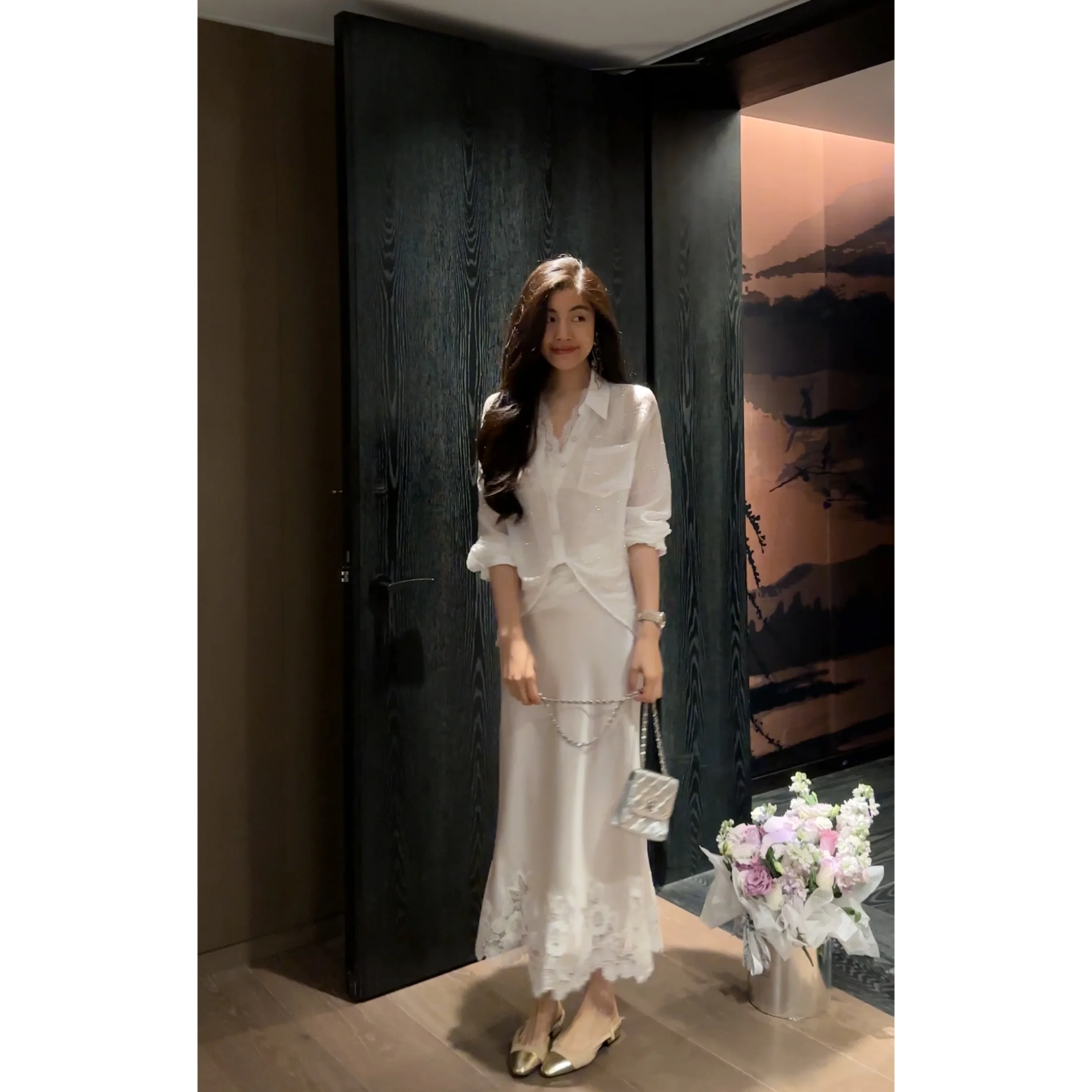 

NCOU Nieko Spring New Loose Faionable Lazy Sle irt Real Two-Piece Diamond Heat Treaent Casual Chinese Sle Top