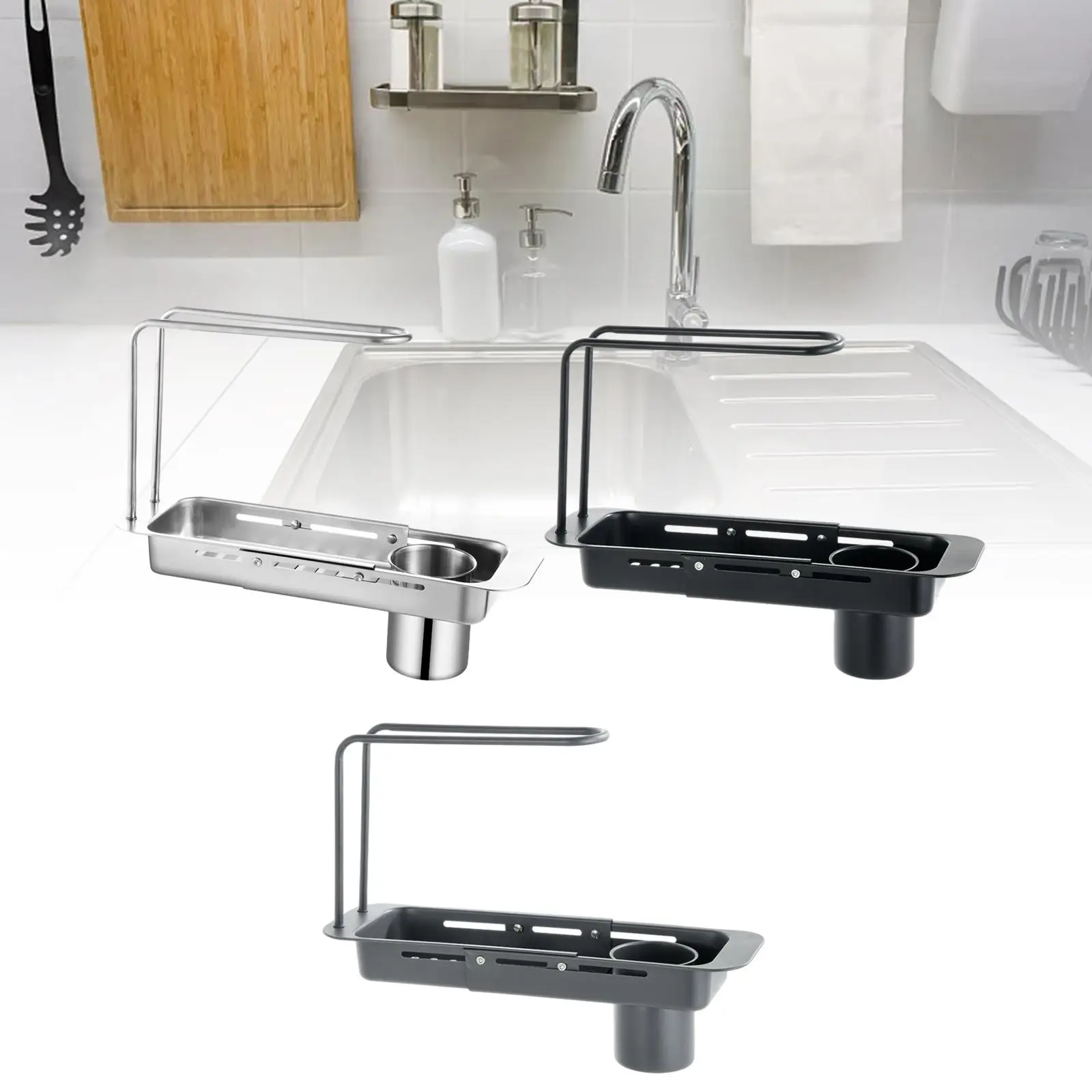 Sink Drain Shelf Stainless Steel Adjustable over Sink Drainer Shelf Household Sink Drain Rack Sponge Organizer Kitchen Utensils