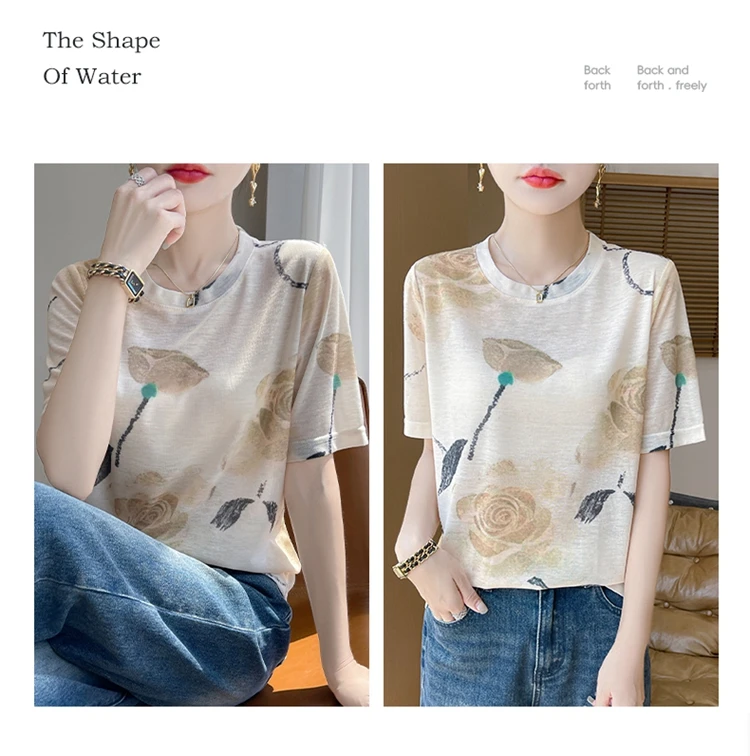Summer Round Neck Acetic Acid Satin Short Sleeve T-shirt Women's Simple Half Sleeve White Blouse With Thin Inside