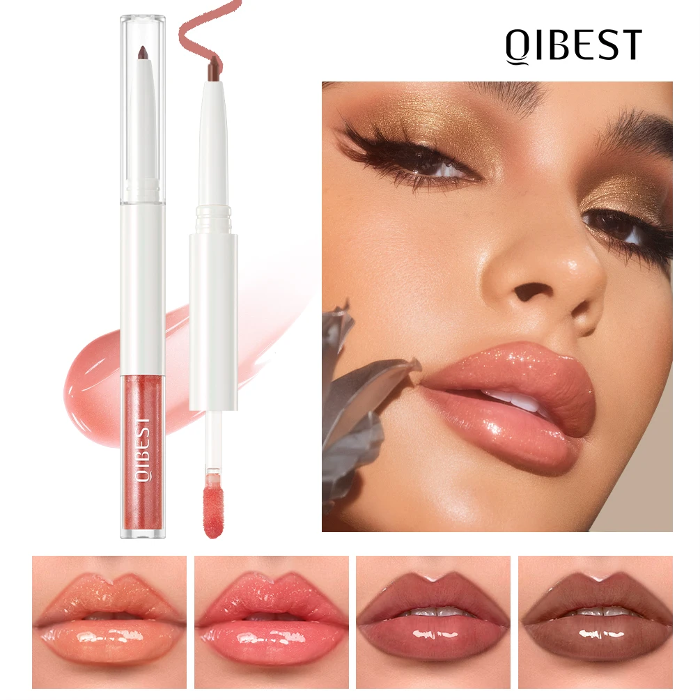 

QIBEST Double Ended Mirror Lipgloss Lipliner Pen Lasting Water Light Lip Gloss 2 In 1 Makeup Matte Lipliner Pencil Contour Stick